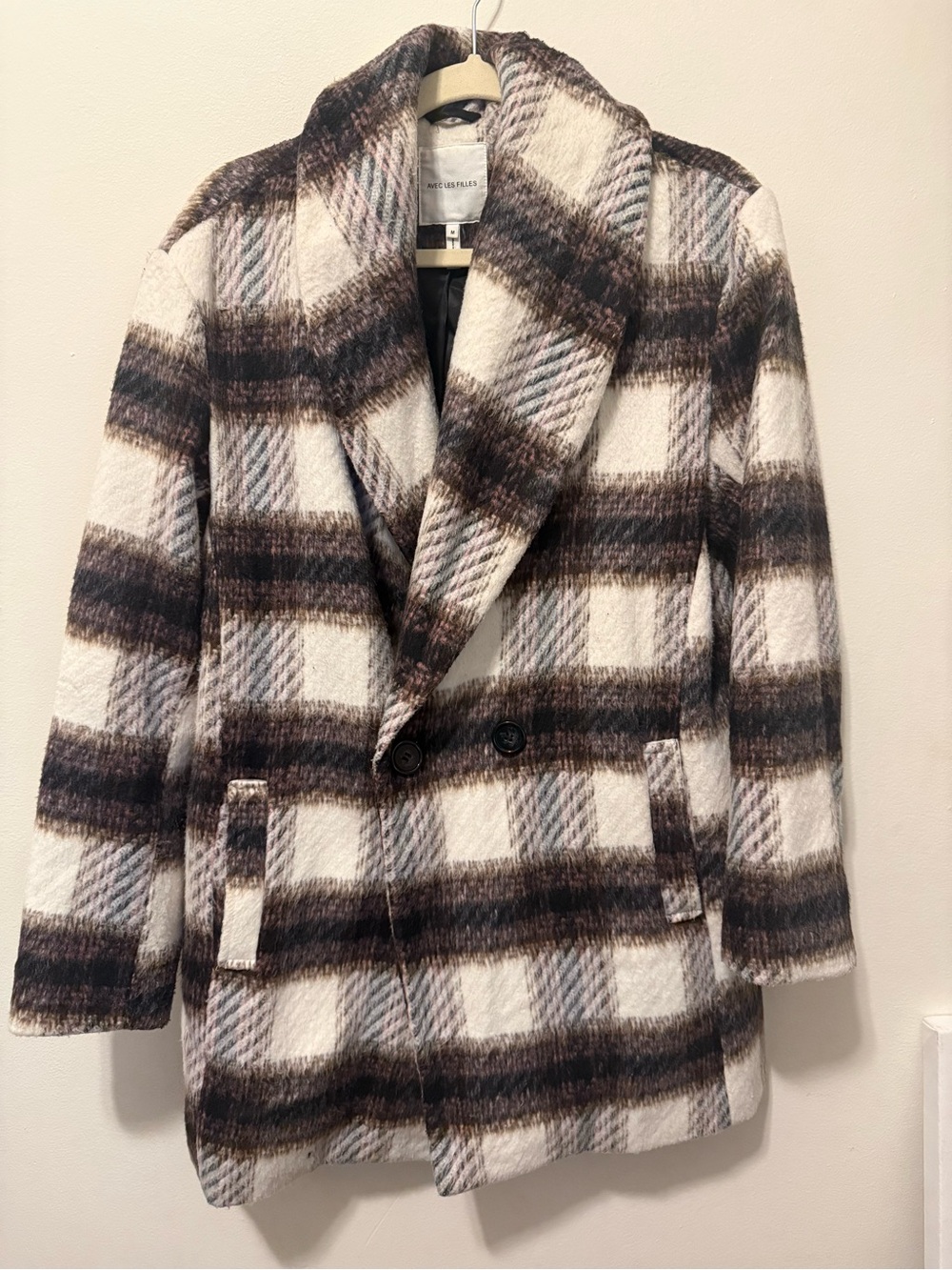 Avec Les Filles Brown & White Plaid Double-Breasted Pea Coat